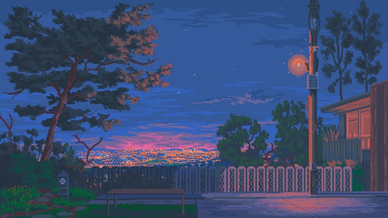 树木 · 像素艺术 · 路灯 1920x1080 #pomo69